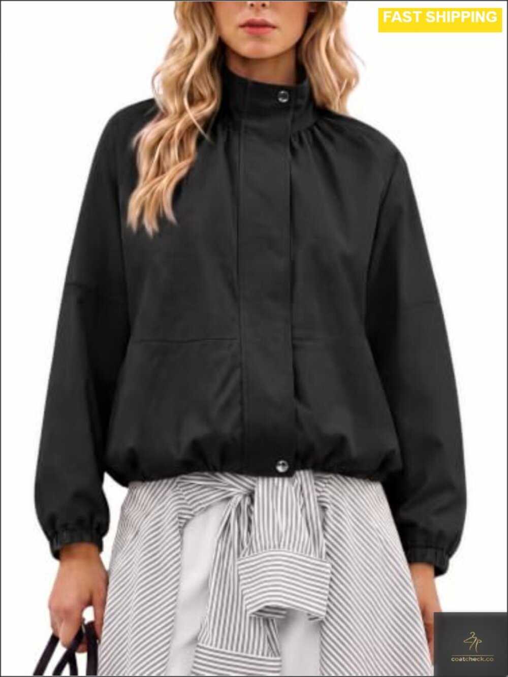 Cropped Bomber Jacket Zip Up Stand Collar Casual Lightweight Women's